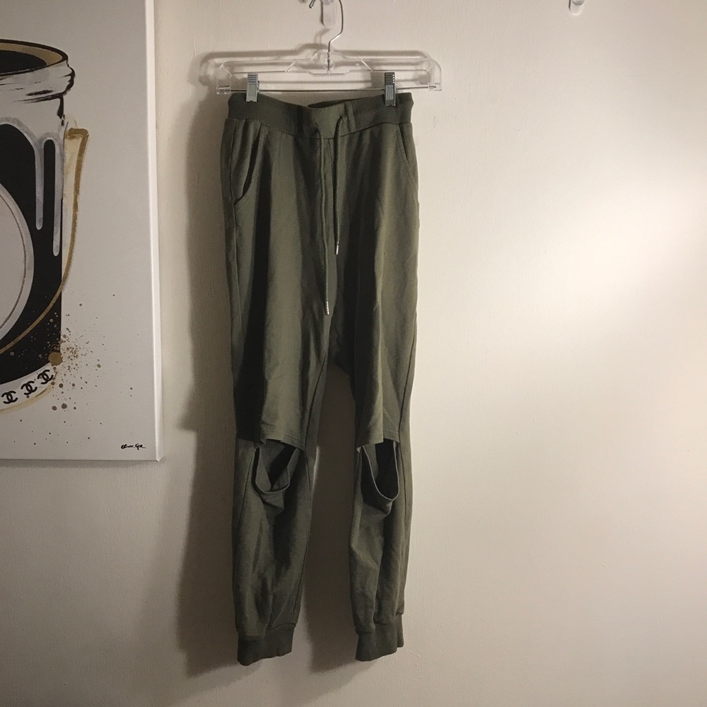 Green Joggers with Knee Cut-Outs